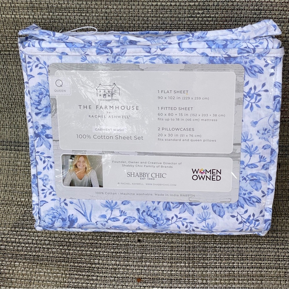 Shabby Chic The Farmhouse Rachel Ashwell Cotton Blue Floral QUEEN Sheet Set 4pc - Picture 4 of 6